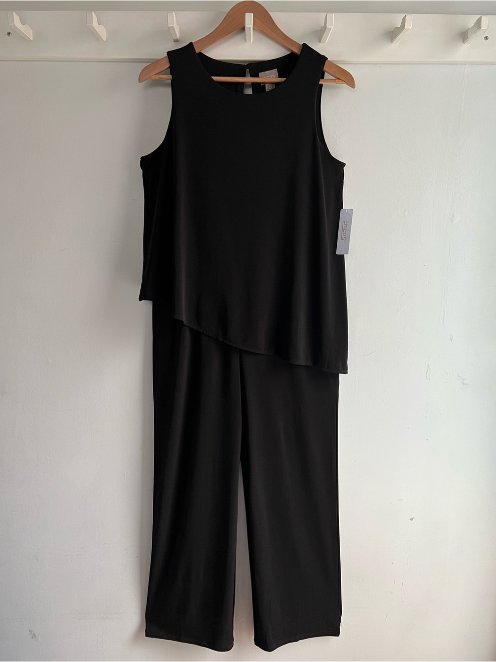 Chico’s Size 0 Black Olivia Jumpsuit Sleeveless Wide Leg Asymmetrical OverlayNEW